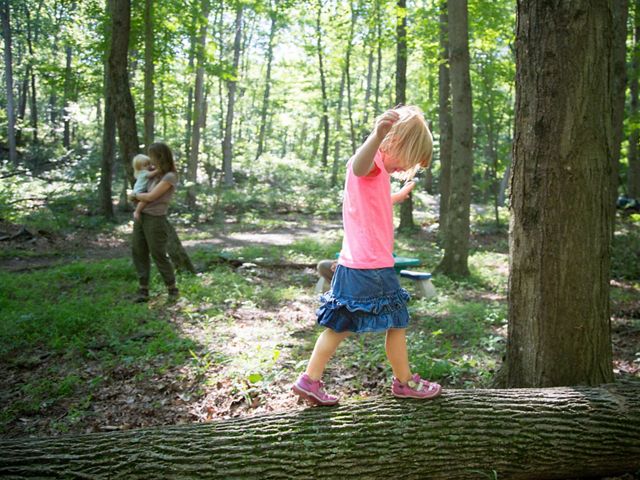 Josh Parrish's wife, Amanda and their children Anna, 4, and Evelyn, 2 years old, in their family forest, Pennsylvania.