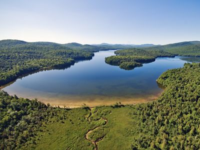 Aerial view of Follensby Pond surrounded by forest under clear sky.