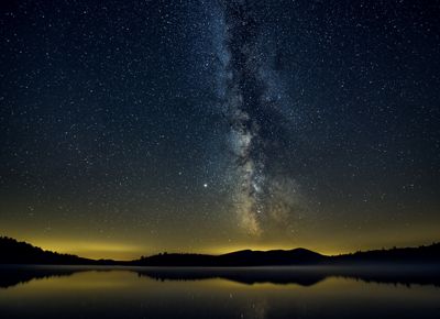 A panoramic view of night time at Follensby.