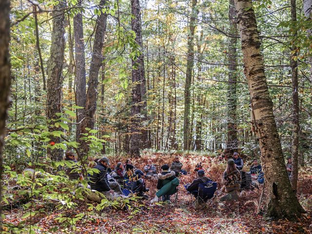A group of people sitting in a circle in the woods.