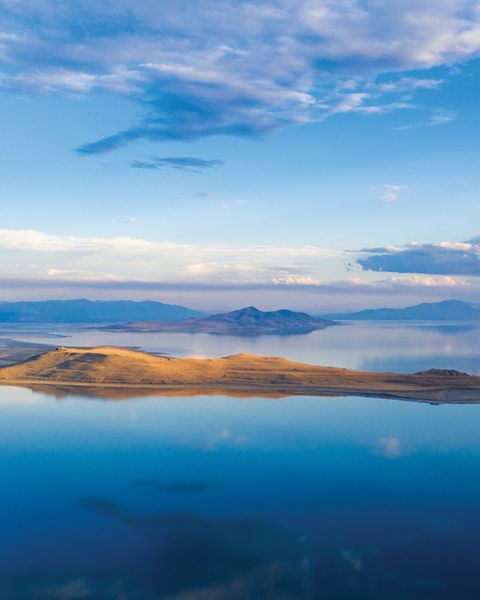 An island in a blue lake.