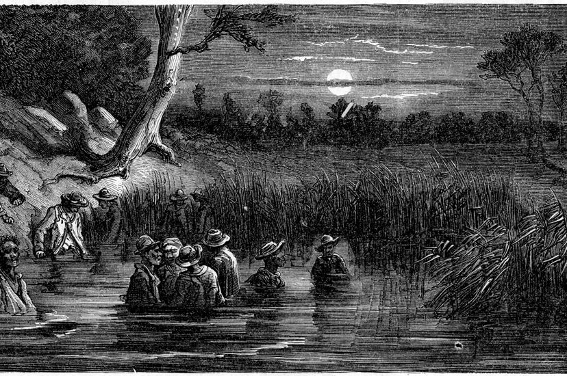 A historical print of a group of enslaved men fleeing from bondage as they wade through waist-deep water in a thick swamp under the light of a full moon.