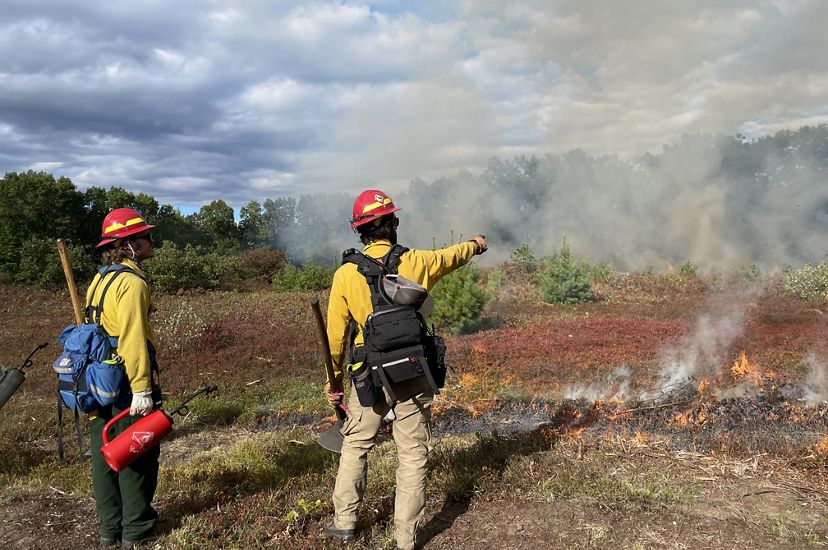Two people in yellow fire gear stand in a smoke filled field. One points towards the distance.