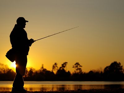 An adult fishing at a lake while the sun sets.