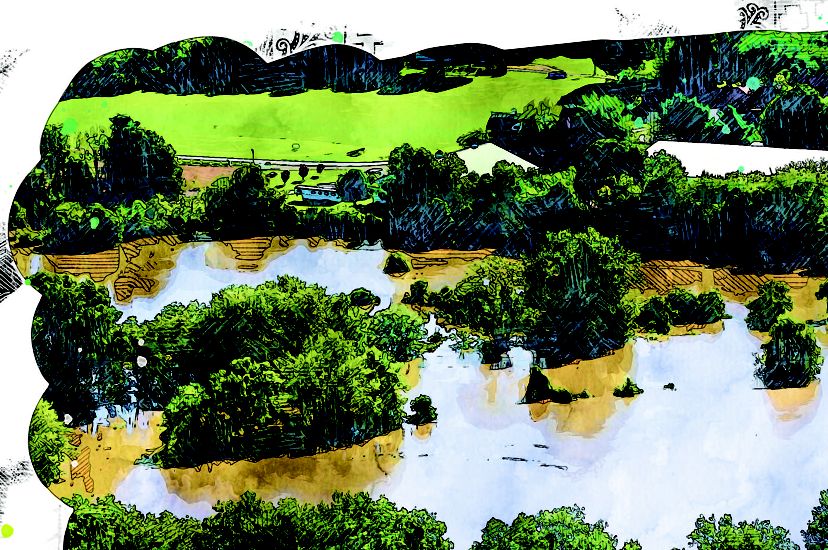 Brown floodwaters surround trees and a farm.