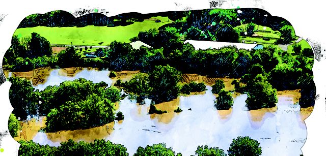 Brown floodwaters surround trees and a farm.