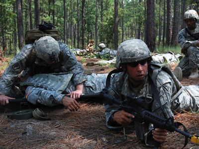 Soldiers crouch and lay prone on the ground during training exercises in a longleaf pine forest.