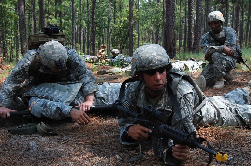 Soldiers crouch and lay prone on the ground during training exercises in a longleaf pine forest.