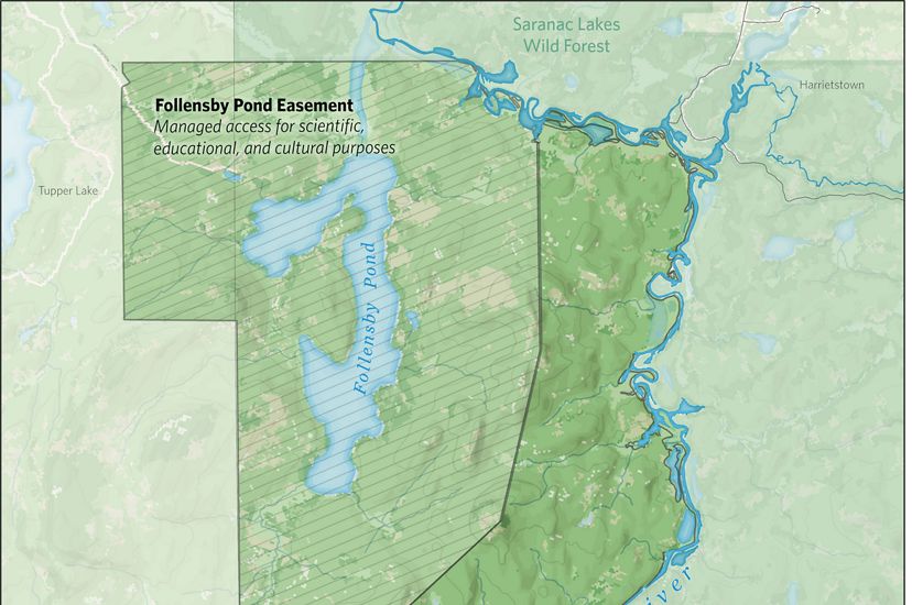 A map of Follensby Pond and Raquette River easements.
