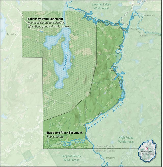 A map of Follensby Pond and Raquette River easements.
