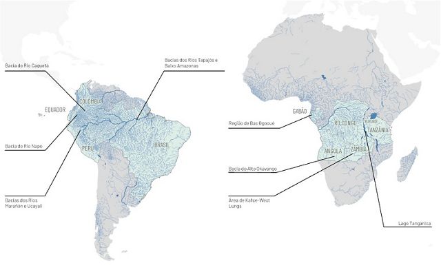 Mapa mostrando a localização dos projetos de pesca de água doce no mundo todo em abril de 2025.