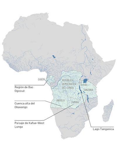 Mapa de proyectos de pesca de agua dulce en África.