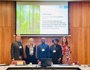 Five people stand in front of a Powerpoint Presentation slideshow about NBSAPs.