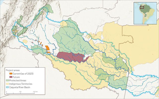 Map showing freshwater fisheries project areas in Colombia.