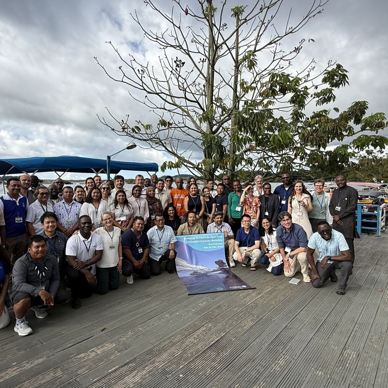 Group of workshop participants gather in front of a river.
