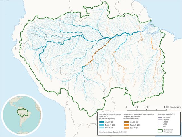 Mapa de las conexiones de la cuenca del río Amazonas.