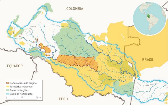 Mapa de áreas de projetos de pesca de água doce na Colômbia.