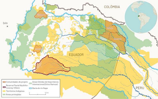 Mapa de áreas de projetos de pesca de água doce no Equador.
