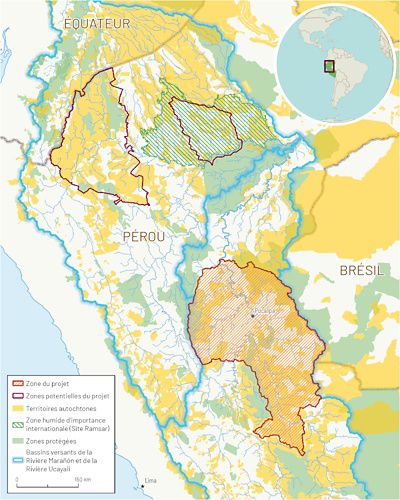 Carte des projets potentiels, des zones protégées et des territoires autochtones au Pérou.