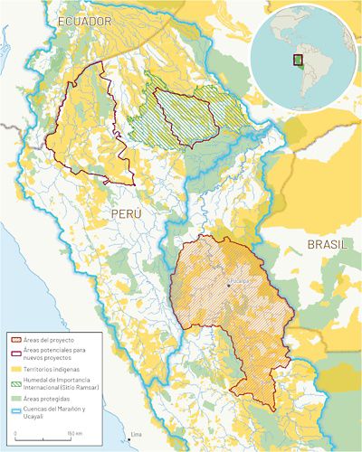 Mapa de proyectos potenciales, áreas protegidas y territorios indígenas en el Perú.