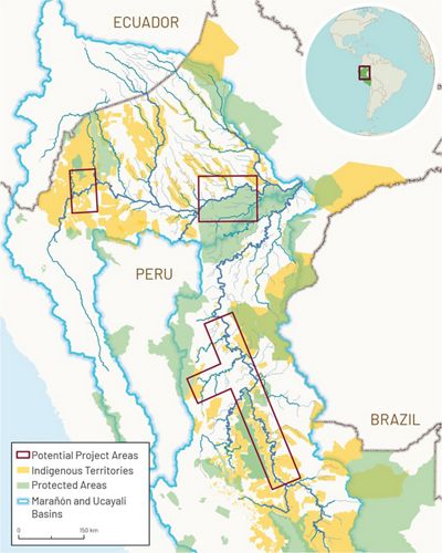 Map of potential projects, protected areas and Indigenous territories in Peru.