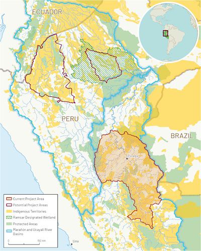 Map of potential projects, protected areas and Indigenous territories in Peru.