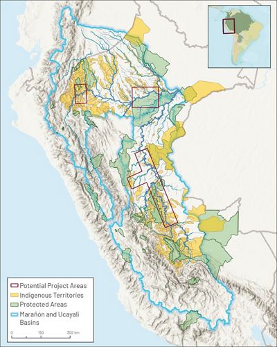 Map of potential projects, protected areas and Indigenous territories in Peru.