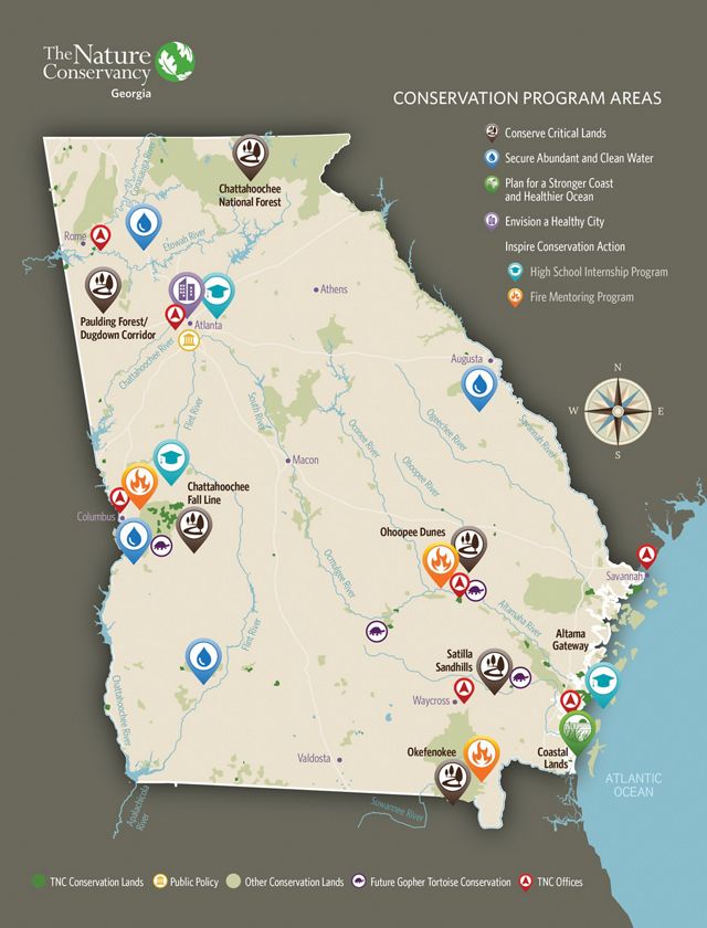 A map of TNC's conservation priorities in Georgia from 2017-2020.