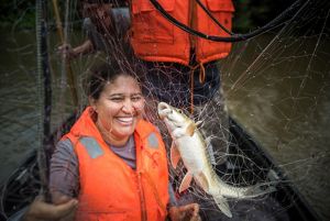 TNC Gabon Program Director Marie-Claire Paiz and science expedition team collect fish via gillnetting.