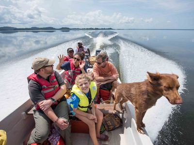 A group of people in a motorboat