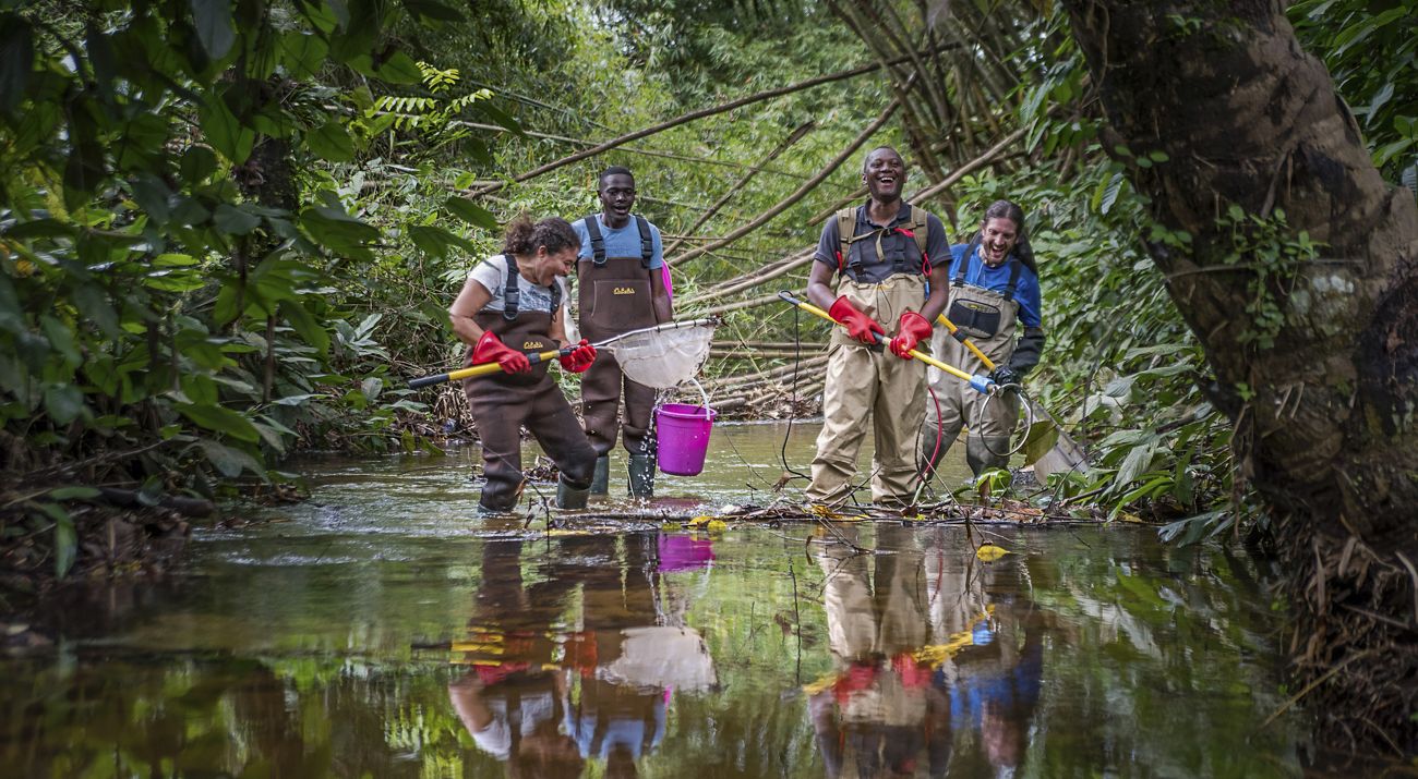 4 people laughing while sampling in a river.