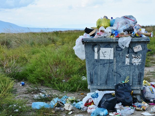 A bin overflows with trash.