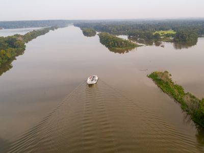 Ferry boat in the middle of a river with trees surrounding.