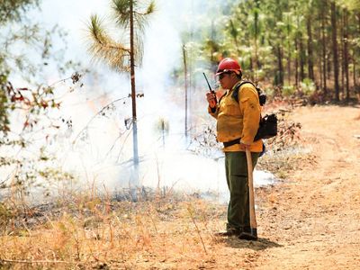 A man in firefighting grear holding an axe speaks into a radio as smoke and flames lick at green brush.