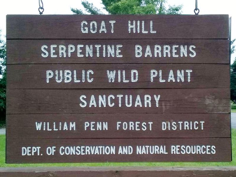 A wooden sign reading, Goat Hill Serpentine Barrens Public Wild Plant Sanctuary William Penn Forest District Dept. of Conservation and Natural Resources, welcomes visitors to the preserve.