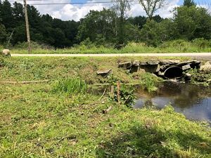 Water flows out of a metal pipe into a stream.