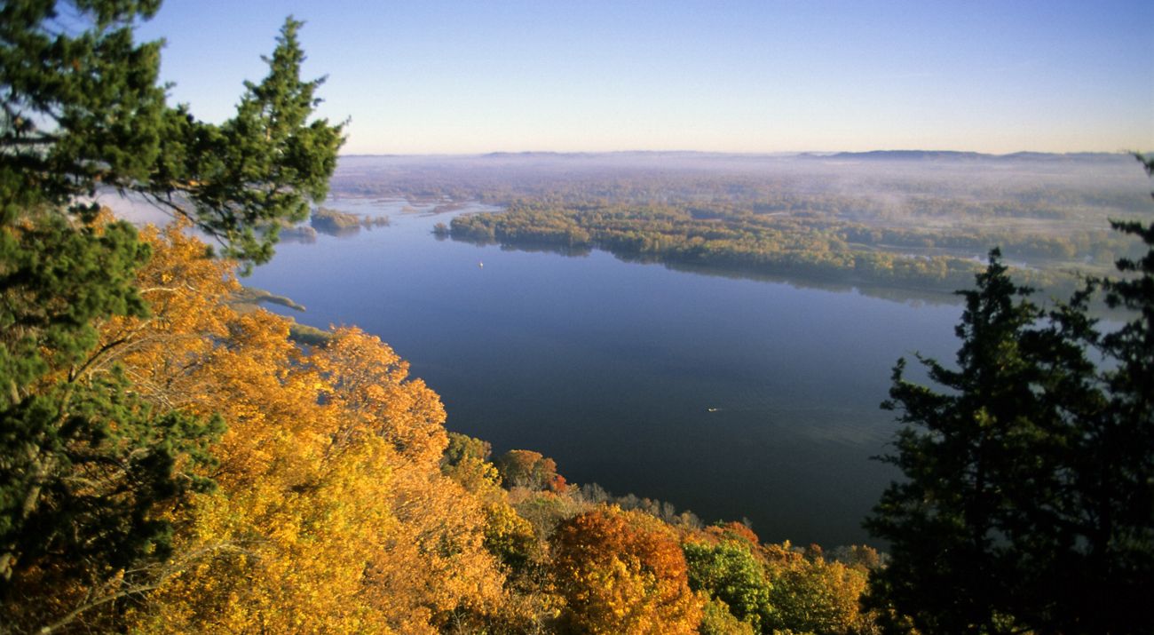 Fall scene of Mississippi River Valley in the morning fog