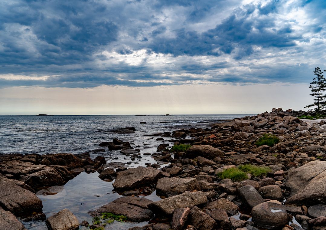 A view looking along a rocky shore out toward the ocean.