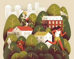 An illustration of a tree filled city.