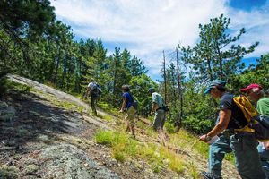 A group of hikers making their way up a trail.