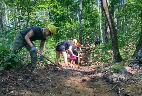 People in hard hats and hand tools working on a trail in the forest.