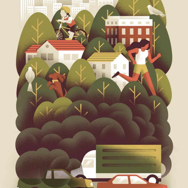 Ilustración de autos y arboles.
