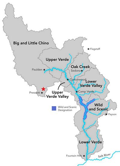 Map showing the Verde River in Arizona with a red star where Granite Creek is.