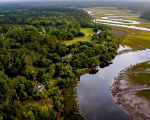 Slow water snakes through lush, green wetlands.