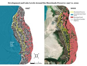 A graphic of satellite images of the Great Salt Lake showing areas of development along the lake’s edge.