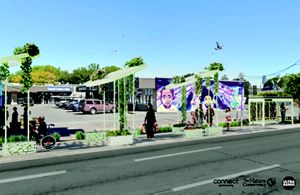 A drawing of awnings covered in plants at a bus stop along a road.