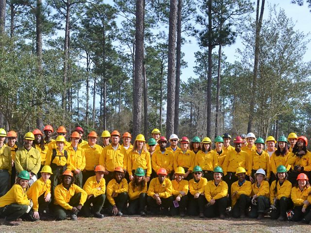 All 44 trained GulfCorps members pose after completing Firefighter Type II training at Camp Tiak in Wiggins, MS, in December 2018.