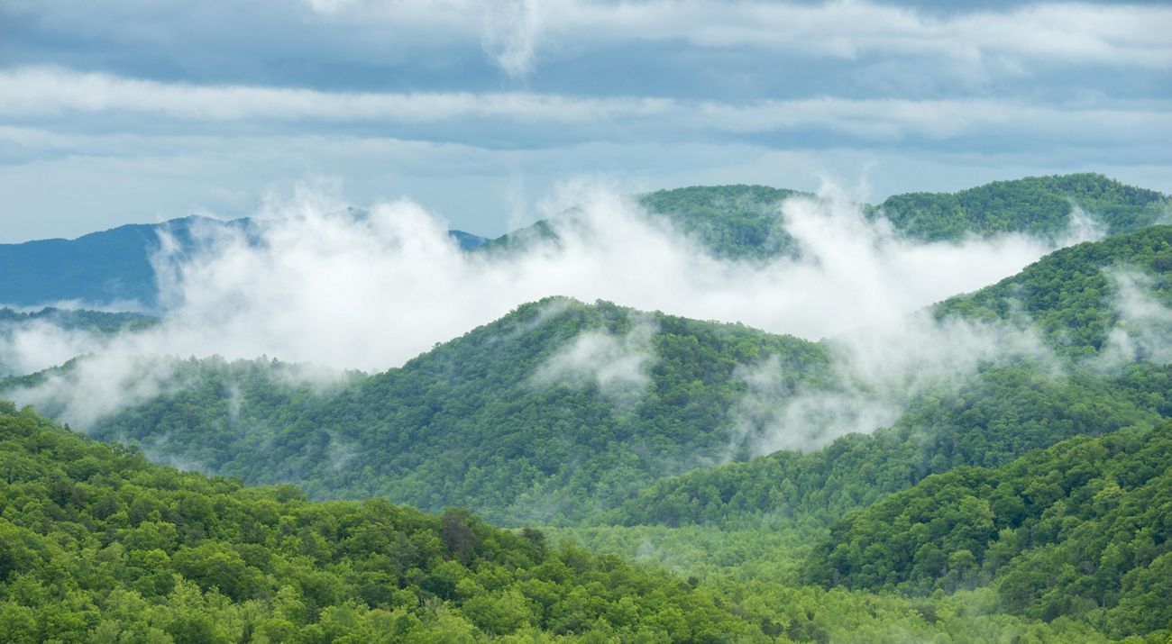 White clouds emerge from a green mountain valley.