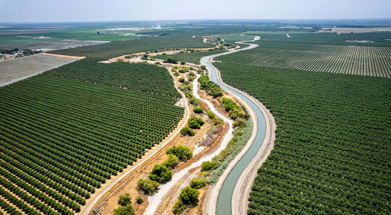 Aerial image of an irrigation canal from the San Joaquin River (right) and dried riverbed (left) amidst agriculture crops in the Central Valley, California.