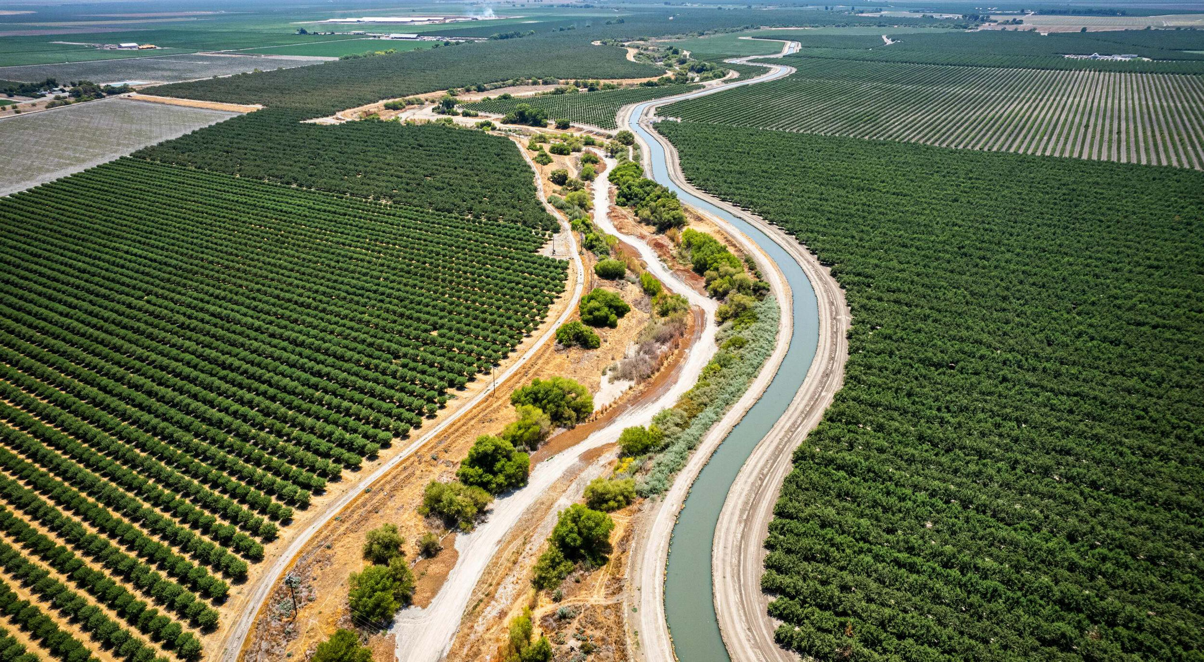 Aerial view of irrigation canal winding through rows of agricultural crops in a field.